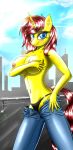  2014 anthro anthrofied blue_eyes blush breasts clothed clothing equine fan_character female fur hair hi_res horn looking_at_viewer mammal metalfoxxx my_little_pony nipples panties pants pink_hair smile solo topless underwear unicorn unzipped yellow_fur 