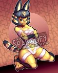  2018 4_toes animal_crossing ankha anthro armor bracers breasts cat chest_wraps claws clothed clothing distracting_watermark feline female jewelry kneeling looking_away mammal nintendo solo spaboofy thick_thighs toes video_games watermark wraps 
