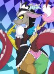  2018 butt clothed clothing crossdressing digital_media_(artwork) discord_(mlp) draconequus fangs feather_duster friendship_is_magic hat hi_res jrvanesbroek legwear looking_at_viewer looking_back maid_uniform male my_little_pony panties red_eyes solo stockings underwear uniform 