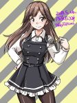  arashio_(kantai_collection) artist_name belt black_legwear brown_eyes brown_hair cowboy_shot crime_prevention_buzzer dated dress frilled_dress frills hand_on_hip kantai_collection light_blush long_hair long_sleeves looking_at_viewer pantyhose pinafore_dress remodel_(kantai_collection) school_uniform solo standing tatsumi_ray twitter_username 