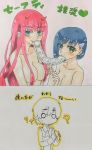  1boy 2girls ahoge bangs blank_eyes blue_hair breasts condom_box condom_in_mouth condom_packet_strip couple darling_in_the_franxx dmhitsuji eyebrows_visible_through_hair fringe glass green_eyes hair_ornament hair_over_breasts hairband hand_holding heart hetero hiro_(darling_in_the_franxx) holding holding_condom horns ichigo_(darling_in_the_franxx) large_breasts long_hair long_sleeves military military_uniform multiple_girls necktie nude oni_horns pink_hair red_horns short_hair translation_request uniform white_hairband zero_two_(darling_in_the_franxx) 