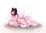  ahri animal_ears bangs black_hair blurry blush breasts cherry_blossoms cleavage commentary depth_of_field facial_mark fox_ears fox_girl fox_tail from_side full_body grass highres large_breasts league_of_legends lips long_hair looking_at_viewer multiple_tails nose_blush nude parted_lips petals pink_petals pinup pose shari_cote solo tail whisker_markings white_background yellow_eyes 