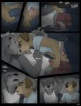  2018 5_fingers andrew_oleander anthro anthro_on_anthro bed bedding big_penis black_nose blanket blue_eyes blush brown_eyes brown_fur bulge canine clothed clothing comic cooper_estevez detailed_background dialogue dog duo english_text eyes_closed facing_each_other fur golden_retriever grey_fur grope hand_on_penis humanoid_penis jackaloo lying male male/male mammal on_bed on_side open_mouth pants penis penis_grab penis_outline pillow precum shirt speech_bubble tan_fur text thought_bubble underwear wolf 