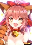  1girl animal_ear_fluff animal_ears bare_shoulders bell bell_collar cat_paws collar collarbone fang fate/grand_order fate_(series) fox_ears gloves hair_ribbon jingle_bell looking_at_viewer mnyang open_mouth paw_gloves paws pink_hair red_ribbon ribbon simple_background solo sparkle sparkling_eyes symbol-shaped_pupils tamamo_(fate)_(all) tamamo_cat_(fate) white_background 