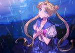  bangs bishoujo_senshi_sailor_moon blonde_hair blue_eyes blue_sailor_collar blue_skirt bow cowboy_shot double_bun hands_on_own_chest highres juuban_middle_school_uniform long_hair looking_away parted_bangs rain red_bow sailor_collar skirt solo tsukino_usagi twintails wattaro 