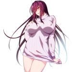  846-gou blush breasts clothes_tug commentary_request covered_nipples eyebrows_visible_through_hair fate/grand_order fate_(series) hair_intakes hand_on_own_chest highres impossible_clothes impossible_sweater large_breasts lips long_hair looking_at_viewer purple_hair red_eyes ribbed_sweater scathach_(fate)_(all) scathach_(fate/grand_order) solo sweater sweater_tug very_long_hair white_background 