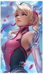  alternate_costume armor armpits bare_shoulders blonde_hair blue_eyes bodysuit boobplate breastplate breasts chest_armor cloud commentary day detached_sleeves from_below hair_ornament hair_tie high_ponytail highres lips lisa_buijteweg looking_up medium_breasts mercy_(overwatch) outdoors overwatch pink_lips pink_mercy pink_ribbon ribbon sky sleeveless undershirt 