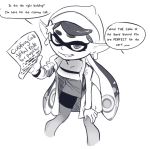  2018 beauty_mark black_hair breasts callie_(splatoon) cephalopod clothing coat dialogue digital_drawing_(artwork) digital_media_(artwork) ear_piercing english_text eyewear female hair hat hi_res humanoid inkling looking_at_viewer marine monochrome nintendo not_furry piercing polyle portrait simple_background smile speech_bubble splatoon squid tentacle_hair tentacles text three-quarter_portrait video_games white_background 