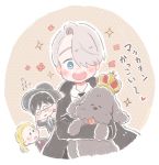  animal black_gloves black_hair blonde_hair blue_eyes closed_eyes crown dog formal glasses gloves hair_over_one_eye hat katsuki_yuuri makkachin male_focus multiple_boys necktie open_mouth ponytail sakana_(gyogyo33) silver_hair smile suit translation_request viktor_nikiforov yuri!!!_on_ice yuri_plisetsky 