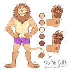  2016 4_toes anthro boxer_briefs bulge claws close-up clothed clothing color_swatch digital_drawing_(artwork) digital_media_(artwork) english_text feet feline flat_colors front_view fur hands_on_hips hi_res lion lock-wolf male mammal mane model_sheet muscular muscular_male navel open_mouth pawpads paws pecs purple_clothing purple_underwear signature simple_background smile soles solo standing svondir text toes topless underwear white_background 