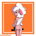  anthro black_eyes border bottomless butt caprine clothed clothing female hair leggy_lamb looking_back mammal off_shoulder orange_background pink_skin rear_view sheep sheep_wrecked simple_background solo standing starshippizza three-quarter_view white_border white_hair wool 