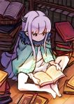  bangs barefoot blush_stickers book book_stack bookshelf butterfly_sitting capelet demon_girl horns long_hair on_floor original purple_hair reading signature sitting sketch solo thick_outlines yokoyoko_(yokoyoko_ykyk) 