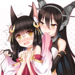  2girls @_@ animal_ears azur_lane bangs bare_shoulders black_gloves black_hair blush commentary crossover crying crying_with_eyes_open elbow_gloves eyebrows_visible_through_hair female_pervert fingerless_gloves fingernails gloves hair_between_eyes hair_ornament head_tilt headgear heart heart_background highres kantai_collection licking_lips long_hair long_sleeves multiple_girls nagato_(azur_lane) nagato_(kantai_collection) namesake nose_blush open_mouth pervert selfcest silver15 sleeveless tears tongue tongue_out very_long_hair wavy_mouth white_background wide_sleeves yellow_eyes yuri 