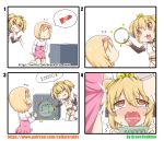  2girls 4koma :3 :d :q ?? absurdres ahegao andira_(granblue_fantasy) artist_name belt blonde_hair blush chibi circlet comic commentary_request cum detached_sleeves djeeta_(granblue_fantasy) dollar_sign ear_fuck erection futanari granblue_fantasy greenteaneko grin hair_between_eyes head_tilt headband high-waist_skirt highres holding index_finger_raised key kneeling leotard long_sleeves money motion_lines multiple_girls nose_blush numbered_panels open_mouth patreon_username penis pink_skirt portal_(object) red_eyes rolling_eyes safe_(container) saliva searching shirt short_hair sideways_mouth silent_comic simple_background skirt skull_fucking smile sparkle spoken_object sweat tears theft thighhighs tongue tongue_out trembling twintails watermark web_address white_background white_leotard white_shirt yen yen_sign 