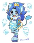  &lt;3 alternate_species anthro blue_eyes blue_fur blue_hair blush clothing crown cure_gelato dessert dress ear_piercing feline female food footwear fur furrification gloves hair ice_cream kemono kirakira_precure_a_la_mode lion looking_at_viewer mammal open_mouth pawprint paws piercing pretty_cure sandals simple_background smile solo toraneko38 