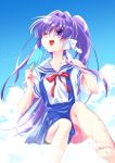  barefoot clannad cloud day food fujibayashi_kyou hair_ribbon hikarizaka_private_high_school_uniform long_hair looking_up neck_ribbon one_eye_closed ponytail popsicle purple_eyes purple_hair red_ribbon ribbon sailor_collar satomi_yoshitaka school_uniform serafuku sitting sky solo white_ribbon white_sailor_collar 