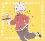  baozi blue_eyes chinese_clothes food hair_over_one_eye hand_on_hip male_focus open_mouth sakana_(gyogyo33) silver_hair smile solo standing standing_on_one_leg star tray viktor_nikiforov yuri!!!_on_ice 