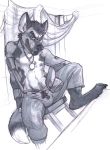 2009 african_wild_dog anthro barefoot biped canine chair chibi-marrow claws clothed clothing curtains ear_piercing eyebrows greyscale hair jewelry looking_at_viewer male mammal marker_(artwork) mixed_media monochrome necklace nipples pants pen_(artwork) piercing short_hair sitting sketch smile smirk solo table toe_claws topless traditional_media_(artwork) 