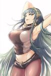  armpits arms_behind_head bangs breasts cleopatra_(fate/grand_order) commentary_request cowboy_shot crop_top earrings fate/grand_order fate_(series) green_eyes green_hair hairband highres hometa hoop_earrings jewelry large_breasts licking_lips long_hair looking_at_viewer looking_to_the_side necklace pantyhose shirt short_shorts shorts sleeveless sleeveless_shirt solo tongue tongue_out very_long_hair 