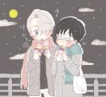  black_hair blue-framed_eyewear blue_eyes closed_eyes coat commentary_request eating fence food full_moon glasses hair_over_one_eye katsuki_yuuri male_focus moon multiple_boys sakana_(gyogyo33) scarf silver_hair sky star_(sky) starry_sky sweet_potato viktor_nikiforov yuri!!!_on_ice 