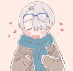  blue-framed_eyewear closed_eyes coat cosplay eyewear_on_head glasses hair_over_one_eye heart katsuki_yuuri katsuki_yuuri_(cosplay) male_focus open_mouth sakana_(gyogyo33) scarf silver_hair smile viktor_nikiforov yuri!!!_on_ice 