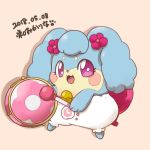  2018 anthro blush_sticker canine cocotama drum female flower himitsu_no_cocotama kanna_(cocotama) looking_at_viewer mammal musical_instrument open_mouth pink_background plant purple_eyes sakaeguchi_okarina semi-anthro signature simple_background solo tongue 