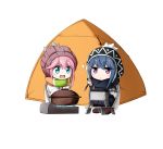  :d bangs beanie black_hat black_scarf blue_eyes blue_hair blush boots brown_footwear brown_hat closed_mouth commentary_request eyebrows_visible_through_hair hair_between_eyes hat highres holding hotpot jacket kagamihara_nadeshiko kuena long_hair multiple_girls open_mouth pink_hair portable_stove purple_eyes scarf shima_rin sidelocks simple_background sitting smile tent tongs white_background white_jacket yurucamp 