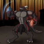  abs anthro balls big_muscles big_penis burning claws clothed clothing digitigrade dragon flaccid forest hyper korozar_(artist) korozar_(character) line_art magic male muscular muscular_male outside partially_clothed penis raised_arm red_eyes scalie shaded solo standing teeth tree vein veiny_penis 