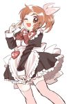  ;d abe_nana amezawa_koma apron black_dress blush bow bowtie brown_eyes brown_hair commentary_request dress eyebrows_visible_through_hair feet_out_of_frame hair_bow heart idolmaster idolmaster_cinderella_girls maid maid_apron name_tag one_eye_closed open_mouth pink_bow pink_legwear ponytail simple_background sketch smile solo sweatdrop thighhighs v 