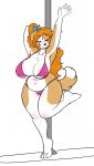  2017 4_toes 5_fingers anthro areola big_breasts bikini black_nose blush breasts brown_fur canine chest_tuft cleavage clothed clothing dancing digital_media_(artwork) dog eyes_closed female front_view fur hair hair_bow hair_ribbon hand_behind_head kibbles long_hair mammal multicolored_fur navel on_one_leg orange_hair pole pole_dancing raised_arm ribbons simple_background skidd skimpy slightly_chubby solo standing stripper_pole swimsuit thick_thighs toes tuft two_tone_fur uberquest voluptuous white_fur wide_hips 