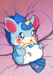  ambiguous_gender anthro bed_sheet bedding blue_eyes blue_fur blue_hair blush blush_sticker clothing cocotama equine featureless_limbs fur hair hi_res himitsu_no_cocotama horn lying mammal mewsaur on_back open_mouth panties panties_down pillow raichi_(cocotama) semi-anthro solo spread_legs spreading tongue underwear 