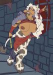  2018 armor big_breasts bovine breasts cobweb detailed_background dungeon female hair halcy0n hooves horn long_hair mace mammal melee_weapon minotaur nipples paladin post_transformation shield solo story story_in_description walking weapon white_hair 