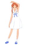  bangs bare_arms black_eyes blue_footwear blue_neckwear blue_ribbon brown_hair closed_mouth contrapposto dress full_body hand_up highres looking_at_viewer low_twintails mary_janes nazoani_museum neck_ribbon original parted_bangs ribbon sailor_collar sailor_dress shoes simple_background smile socks solo standing twintails white_background white_legwear white_sailor_collar 