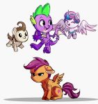  2018 angry cutie_mark dragon equine female feral flurry_heart_(mlp) flying friendship_is_magic group hikariviny horn male mammal my_little_pony pegasus pound_cake_(mlp) scalie scootaloo_(mlp) simple_background spade_tail spike_(mlp) white_background winged_unicorn wings 