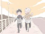  bicycle black_hair clenched_hand closed_eyes commentary_request fence ground_vehicle hood hoodie katsuki_yuuri lamppost male_focus multiple_boys open_mouth riding running sakana_(gyogyo33) silver_hair smile track_suit viktor_nikiforov yuri!!!_on_ice 