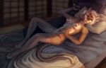  anthro bed blue_eyes bodypaint breasts cougar digitigrade feline female hair looking_at_viewer lying mammal melee_weapon nipples nude on_bed pillow smile solo sword theowlette weapon white_hair 