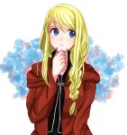  1girl bangs black_shirt blonde_hair blue_background blue_eyes braid cosplay edward_elric edward_elric_(cosplay) expressionless eyebrows_visible_through_hair eyes_visible_through_hair fullmetal_alchemist hand_on_own_chin jacket long_hair looking_away machi_(xxx503r) pink_background purple_background red_jacket shirt simple_background solo upper_body white_background winry_rockbell 