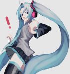  1girl bare_shoulders black_legwear black_skirt blue_eyes collared_shirt cowboy_shot from_side grey_background grey_shirt hatsune_miku headphones highres long_hair long_sleeves looking_at_viewer microphone open_mouth p2_(uxjzz) shirt simple_background skirt sleeveless sleeveless_shirt solo thighhighs twintails very_long_hair vocaloid wide_sleeves wing_collar 