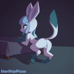  bed butt eeveelution female female_focus feral glaceon looking_back nintendo pok&eacute;mon pok&eacute;mon_(species) presenting presenting_hindquarters presenting_pussy pussy pussy_juice smile solo starshippizza video_games 