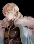  black_background blonde_hair cape contest_winner fate/grand_order fate_(series) fur-trimmed_cape fur_trim gawain_(fate/grand_order) hair_between_eyes highres looking_at_viewer male_focus parted_lips pesso_fgo pixiv_fate/grand_order_contest_1 short_hair solo tears 