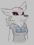  2018 amaterasu annoyed anthro big_breasts black_sclera breasts canine clothed clothing deity female fur grey_background looking_down mammal markings red_markings shirt simple_background video_games w0lfmare white_fur wolf ōkami 