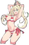  ahoge armpits arms_up bikini blonde_hair breasts cleavage commentary_request covered_nipples criss-cross_halter cropped_legs enpe eyebrows_visible_through_hair fate/grand_order fate_(series) green_eyes hair_intakes halterneck highres huge_ahoge large_breasts long_hair navel nero_claudius_(fate)_(all) nero_claudius_(swimsuit_caster)_(fate) red_bikini side-tie_bikini solo striped striped_bikini swimsuit twintails 