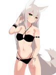  absurdres animal_ears black_panties bracelet breasts criss-cross_halter eyebrows_visible_through_hair green_eyes grey_hair halterneck hand_in_hair hand_up highres jewelry legs_apart long_hair looking_at_viewer medium_breasts navel nezuko o-ring o-ring_bottom o-ring_panties original panties parted_lips simple_background slit_pupils smile solo standing tail underwear white_background wristband 