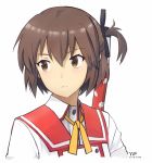  artist_name bangs black_ribbon brown_eyes brown_hair chinese_commentary commentary_request dated etou_kanami eyebrows_visible_through_hair frown hair_between_eyes hair_ribbon katana looking_away looking_to_the_side minoseki_gakuin_uniform one_side_up ribbon school_uniform short_hair simple_background solo sword thick_eyebrows toji_no_miko upper_body weapon white_background yellow_neckwear yip 