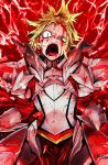  angry armor asymmetrical_eyes blonde_hair blood blood_from_mouth blood_on_face commentary constricted_pupils fate/apocrypha fate/grand_order fate_(series) gauntlets glowing green_eyes lightning looking_at_viewer mordred_(fate)_(all) open_mouth pauldrons ponytail shouting solo spiked_hair torichamaru twitter_username uneven_eyes wide-eyed 