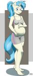  anthro anthrofied barefoot belly big_belly blue_eyes blue_hair clothing equine female friendship_is_magic fur hair hi_res horn long_hair looking_at_viewer mammal multicolored_hair my_little_pony navel pinny_lane_(mlp) pregnant smile solo standing strangerdanger two_tone_hair unicorn 