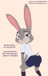  anthro clothed clothing dialogue digital_media_(artwork) disney english_text female hi_res judy_hopps lagomorph looking_at_viewer looking_back mammal pink_nose pose purple_eyes rabbit rear_view shadow2007x simple_background smile solo standing text zootopia 