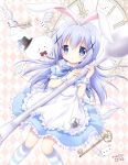  :o alice_(wonderland) alice_(wonderland)_(cosplay) alice_in_wonderland angora_rabbit apron black_hat blue_bow blue_dress blue_eyes blush bow bunny card clock clock_hands cosplay dress gochuumon_wa_usagi_desu_ka? hair_ornament hat heart holding holding_spoon kafuu_chino key light_blue_hair long_hair looking_at_viewer nanase_miori parted_lips playing_card rhombus_background solo spade_(shape) spoon striped striped_bow striped_legwear tippy_(gochiusa) top_hat white_apron x_hair_ornament 