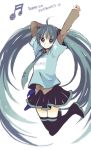  1girl absurdly_long_hair ahoge anzu_(o6v6o) aqua_eyes aqua_hair aqua_neckwear aqua_shirt arm_behind_head arms_up bangs black_footwear black_skirt boots clenched_hand clothes_writing collared_shirt full_body grey_shirt hand_on_own_arm hatsune_miku jumping long_hair long_sleeves looking_at_viewer miniskirt musical_note necktie pleated_skirt shirt short_over_long_sleeves short_sleeves skirt solo thigh_boots thighhighs tie_clip translation_request twintails very_long_hair vocaloid 