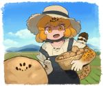  :d alternate_costume basket bell_(hellchan3) blonde_hair blue_sky border cloud cloudy_sky commentary cross-laced_clothes day eyebrows_visible_through_hair farm farmer flexing hat jaguar_(kemono_friends) jaguar_print jaguar_tail kemono_friends looking_at_viewer open_mouth outdoors overalls pose potato pun sky smile tail v-neck white_border yellow_eyes 